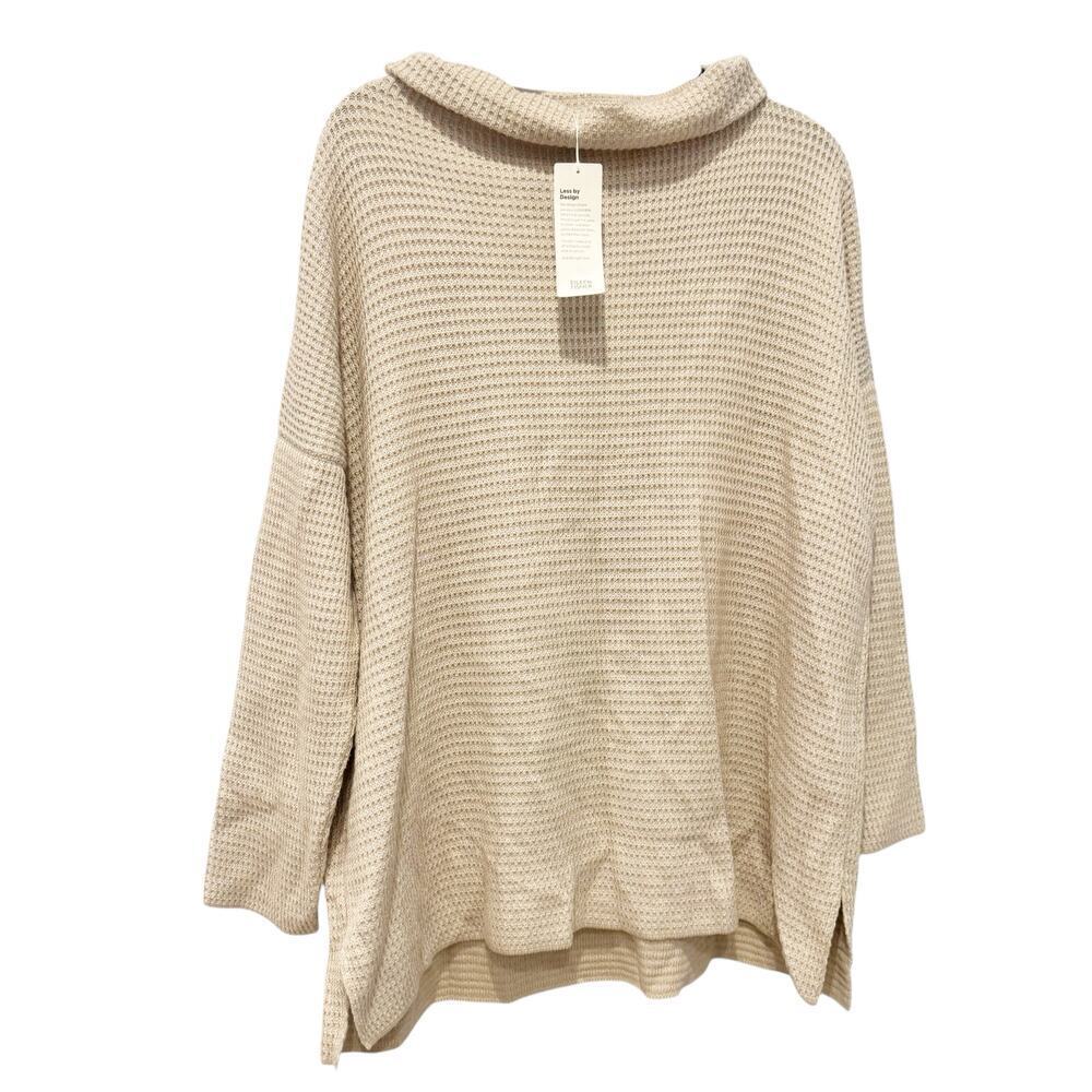 Eileen Fisher Waffle Knit Funnel Neck Tunic Top Maple Oat Size Slit Size L NWT